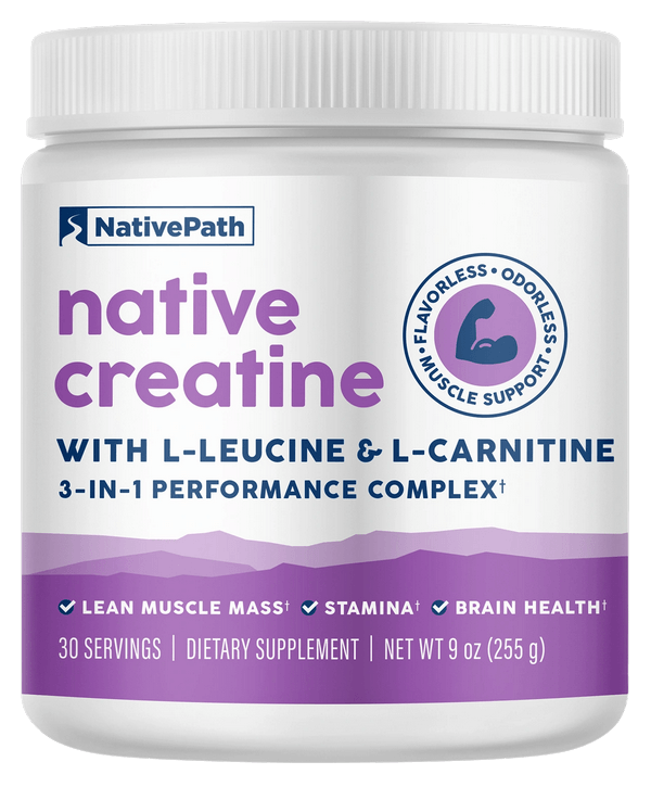 NativePath Native Creatine jar — 3-in-1 performance complex with creatine monohydrate, L-leucine (2.5g), and L-carnitine (1.5g)